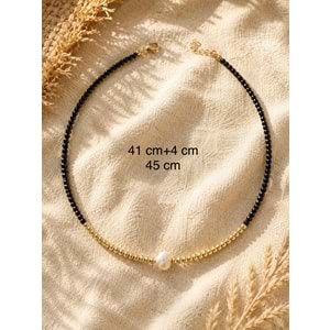 SİYAH, GOLD BONCUKLU İNCİ KOLYE 41+4CM ACR9871