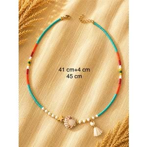 RENKLİ BONCUKLU, PÜSKÜL, MİDYE DETAYLI KOLYE 41+4CM ACR9873
