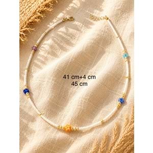 BEYAZ BONCUKLU, RENKLİ ÇİÇEK KOLYE 41+4CM ACR9877