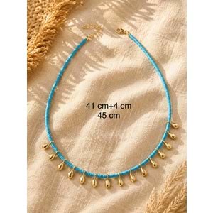 MAVİ BONCUKLU, DAMLA KOLYE 41+4CM ACR9879