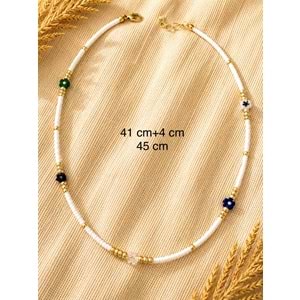BEYAZ BONCUKLU, ÇİÇEKLİ KOLYE 41+4CM ACR9887