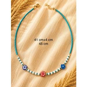 YEŞİL BONCUKLU, RENKLİ ÇİÇEKLİ KOLYE 41+4CM ACR9897