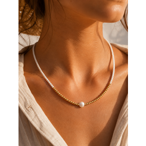 BEYAZ, GOLD BONCUKLU İNCİ KOLYE 41+4CM ACR9903