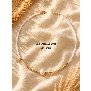 BEYAZ, GOLD BONCUKLU İNCİ KOLYE 41+4CM ACR9903