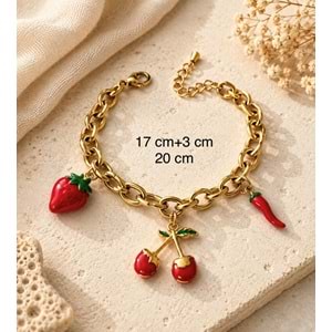 KİRAZ, ÇİLEK, BİBER CHARMLI ÇELİK BİLEKLİK 17+3CM ACR9913