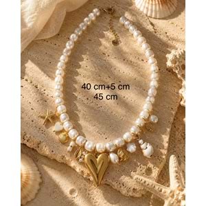 KALPLİ, DENİZ SİMGELERİ CHARMLI İNCİLİ ÇELİK KOLYE 40+5CM ACR9914