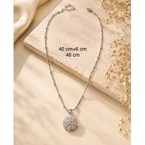 ÇELİK GÜMÜŞ RENK, TAŞLI, UCU DÖNEBİLEN PAPATYA KOLYE 40+6CM ACR9916