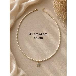 MAVİ TAŞ YILDIZ UÇLU, KREM RENK BONCUKLU KOLYE 41+4CM ACR9929