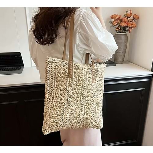 BOHO TARZ HASIR, YAZLIK, PLAJ OMUZ ÇANTASI, FERMUARLI, BÜYÜK BOY, BEJ ACR4540