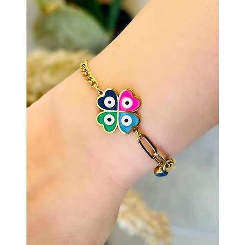 RENKLİ MİNELİ ÇELİK YONCA BİLEKLİK 16+5 CM-GOLD ACR4975
