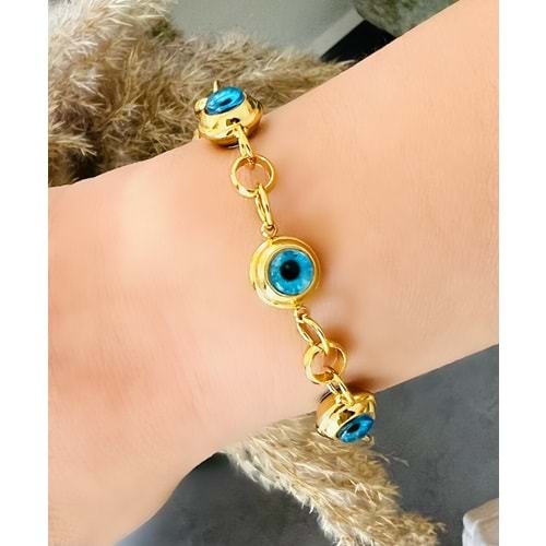 DÖRT SIRA BÜYÜK NAZAR BONCUKLU ÇELİK BİLEKLİK 15+6 CM-GOLD ACR5066