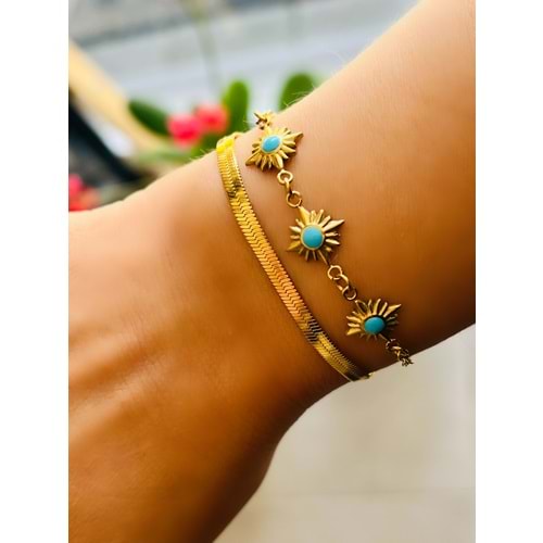 İTALYAN ZİNCİRLİ, İKİLİ, MAVİ MİNELİ ÇELİK BİLEKLİK 17+6 CM-GOLD ACR5159