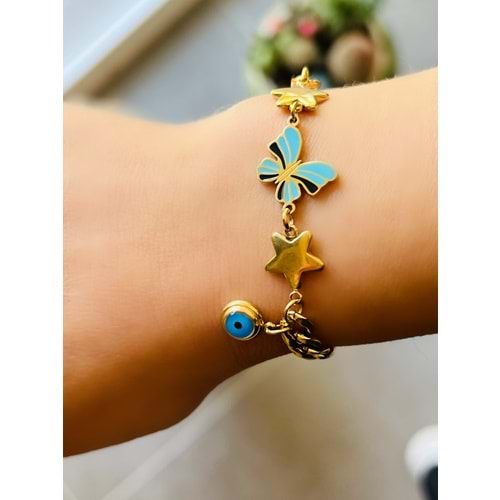 KELEBEKLİ NAZAR ÇELİK BİLEKLİK 18+5 CM-GOLD ACR5161