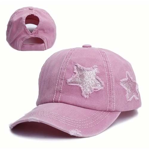 YILDIZ DESENLİ YIRTIK BEYZBOL TREND GÜNEŞ ŞAPKASI-PEMBE ACR5182