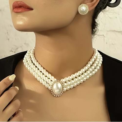 VİNTAGE 3'LÜ GÖRÜNÜMLÜ İNCİ KOLYE VE İNCİ KÜPE SET ACR5364