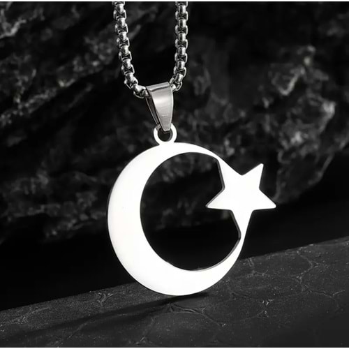 ERKEK ÇELİK AY VE YILDIZ KOLYE 60CM-GÜMÜŞ ACR5406