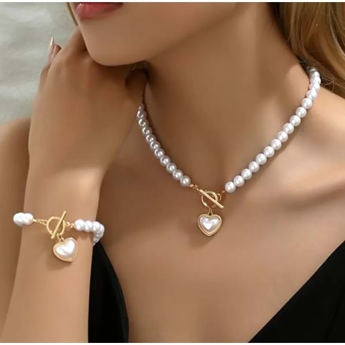İNCİLİ KALP KOLYE VE BİLEKLİK SETİ-GOLD ACR5426