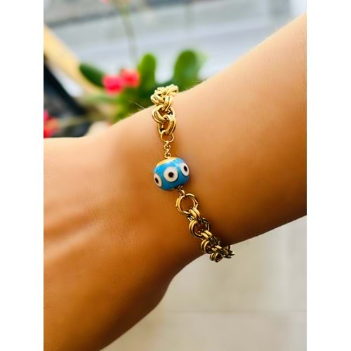 MAVİ MİNELİ ÇELİK ZİNCİR BİLEKLİK 17+5 CM-GOLD ACR5449