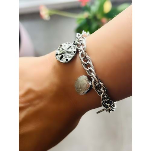 ÇELİK İSTİRİDYELİ, GÜNEŞLİ CHARM BİLEKLİK 17+5CM-GÜMÜŞ RENK ACR5520