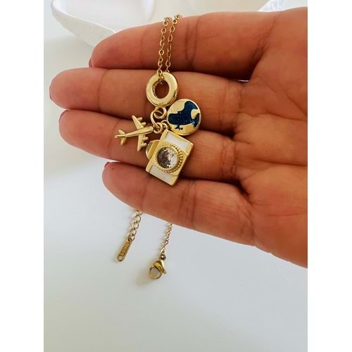 ÇELİK SEYAHAT CHARM KOLYE 40+5CM-GOLD RENK ACR5528