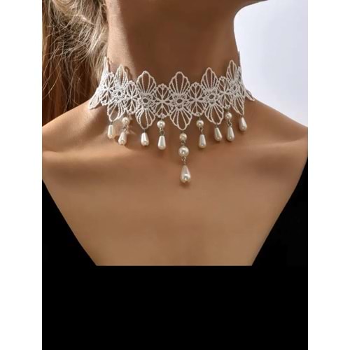 VİNTAGE ŞIK, İNCİLİ DANTEL CHOKER KOLYE-BEYAZ RENK ACR5792