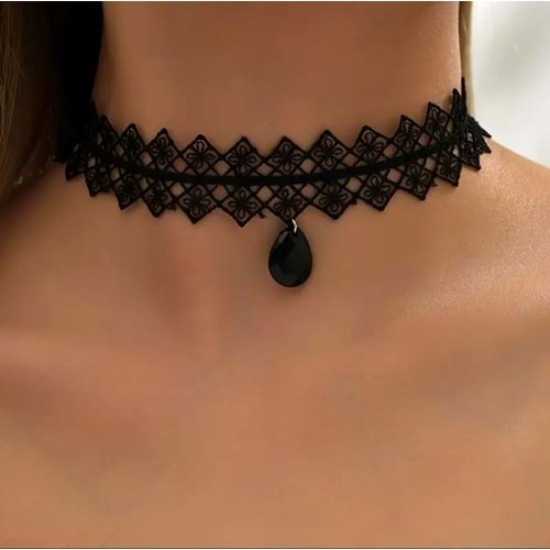 VİNTAGE SEXY DAMLA TAŞLI DANTEL CHOKER KOLYE-SİYAH RENK ACR5795
