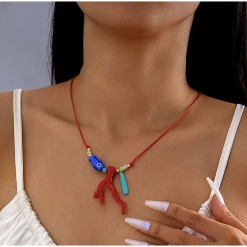 BONCUKLU, İPLİ BOHO TARZI MERCAN KOLYE ACR5826
