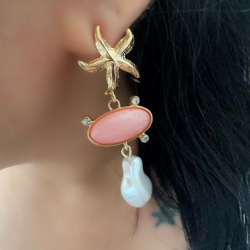 İNCİLİ YILDIZ SALLANTILI KÜPE PEMBE-GOLD ACR5975