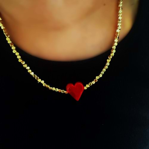 KIRMIZI KALPLİ KOLYE 43+3CM-GOLD RENK ACR6262