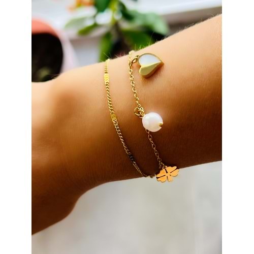 ÇELİK İNCİLİ, KALPLİ, YONCALI 2'Lİ BİLEKLİK 16+5CM-GOLD ACR6669