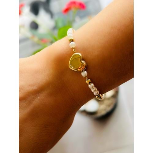 ÇELİK İNCİLİ KALP BİLEKLİK 17+5CM-GOLD RENK ACR6670