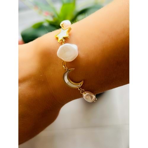 ÇELİK AY, YILDIZLI, İNCİLİ BİLEKLİK 16+5CM-GOLD RENK ACR6673