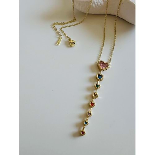 ÇELİK 14K RENKLİ TAŞLI, KALPLİ Y KOLYE 41+6CM-GOLD ACR6768