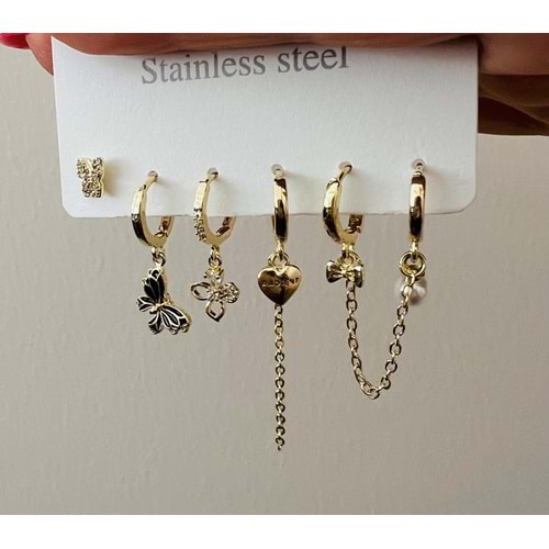 6'LI KELEBEKLİ, İNCİLİ ÇELİK SET KÜPE-GOLD RENK ACR7666