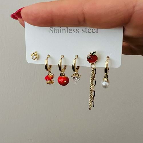 6'LI ELMA DETAYLI, İNCİLİ ÇELİK SET KÜPE-GOLD RENK ACR7670