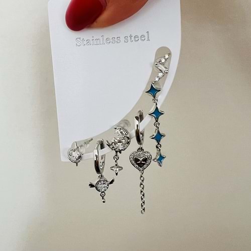 6'LI AY YILDIZLI, KALPLİ, MAVİ MİNELİ YILDIZ SALLANTILI ÇELİK SET KÜPE-GÜMÜŞ ACR7676