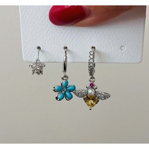 3'LÜ ARILI, MAVİ ÇİÇEKLİ, YILDIZLI ÇOKLU KÜPE-GÜMÜŞ RENK ACR7690