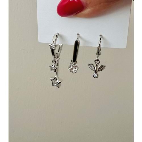 3'LÜ YILDIZ SALLANTILI KÜPE SETİ -GÜMÜŞ RENK ACR7695