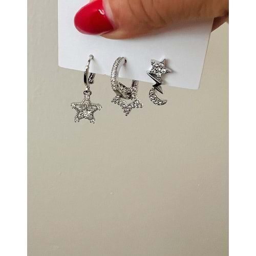 3'LÜ TAŞLI YILDIZ SALLANTILI KÜPE SETİ-GÜMÜŞ RENK ACR7705