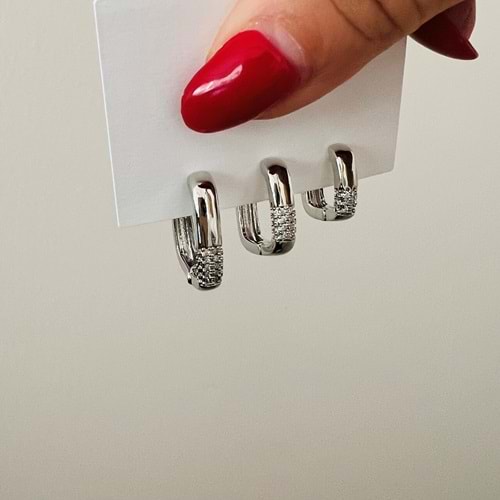 3'LÜ TAŞLI KARE KÜPE SETİ-GÜMÜŞ RENK ACR7708