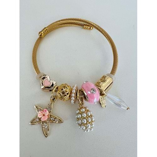 GOLD RENK PEMBE TAŞLI-İNCİLİ-YILDIZ CHARM BİLEKLİK ACR7812