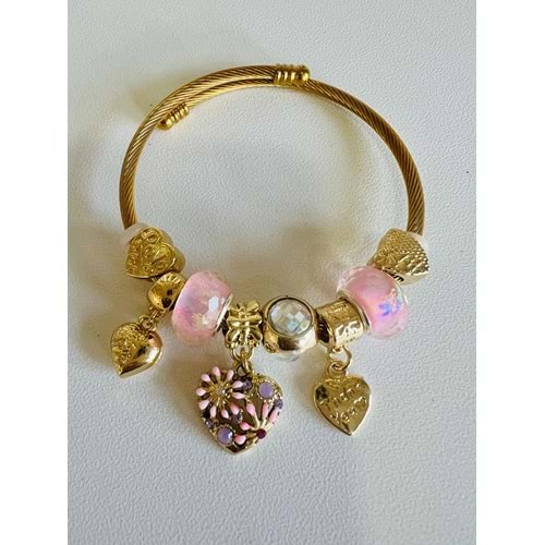 GOLD RENK PEMBE TAŞLI-KALPLİ CHARM BİLEKLİK ACR8185