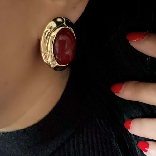 GOLD ÇERÇEVELİ BORDO RENK OVAL KÜPE ACR8582