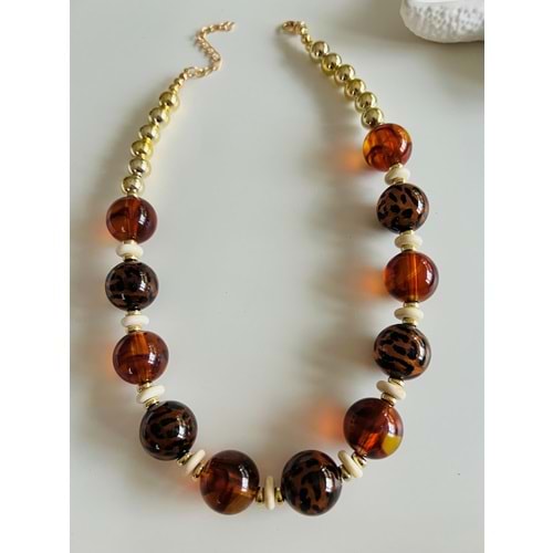 LEOPARLI KAHVERENGİ BONCUKLU TOP KOLYE 45+5CM ACR8649