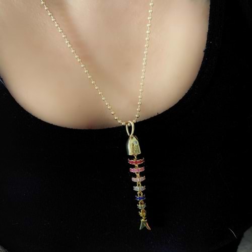 ÖZEL SERİ RENKLİ TAŞLI BALIK KOLYE 50+5CM-GOLD RENK ACR8917