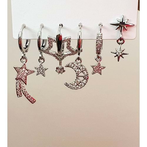 6'LI YILDIZLI SET KÜPE GÜMÜŞ RENK ACR8991