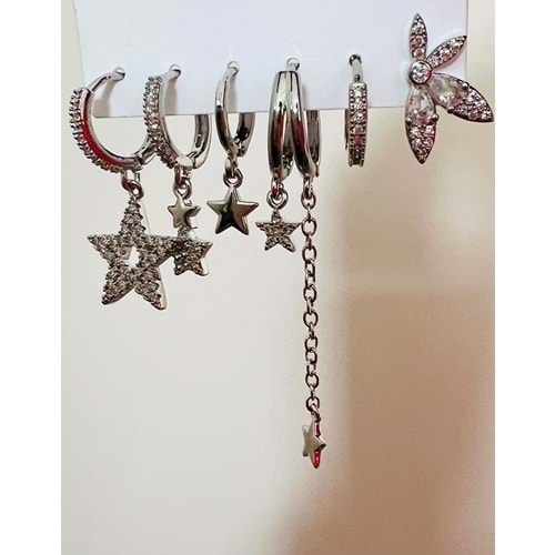 6'LI YILDIZLI, ÇİÇEKLİ SET KÜPE-GÜMÜŞ RENK ACR8993