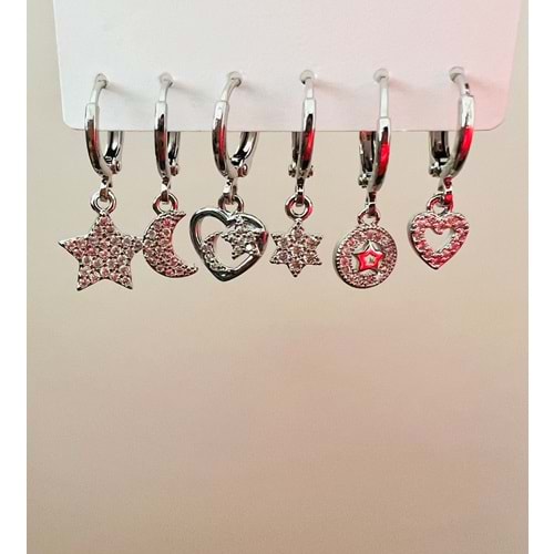 6'LI KALPLİ, YILDIZLI SET KÜPE-GÜMÜŞ RENK ACR8994