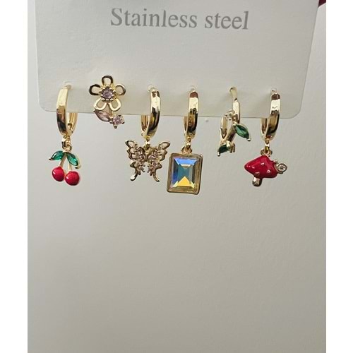 ÇELİK 6'LI KİRAZ, MANTAR, KELEBEK DETAYLI KÜPE SETİ-GOLD RENK ACR9000