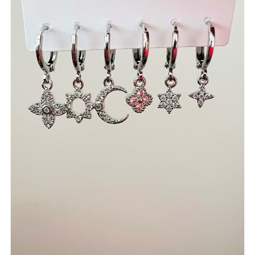 6'LI YONCALI, YILDIZLI KÜPE SETİ-GÜMÜŞ RENK ACR9001